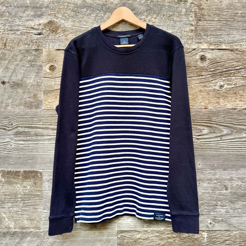 Scotch & Soda Mens Striped Waffle Knit Thermal Shirt L Navy White Nautical Layer
